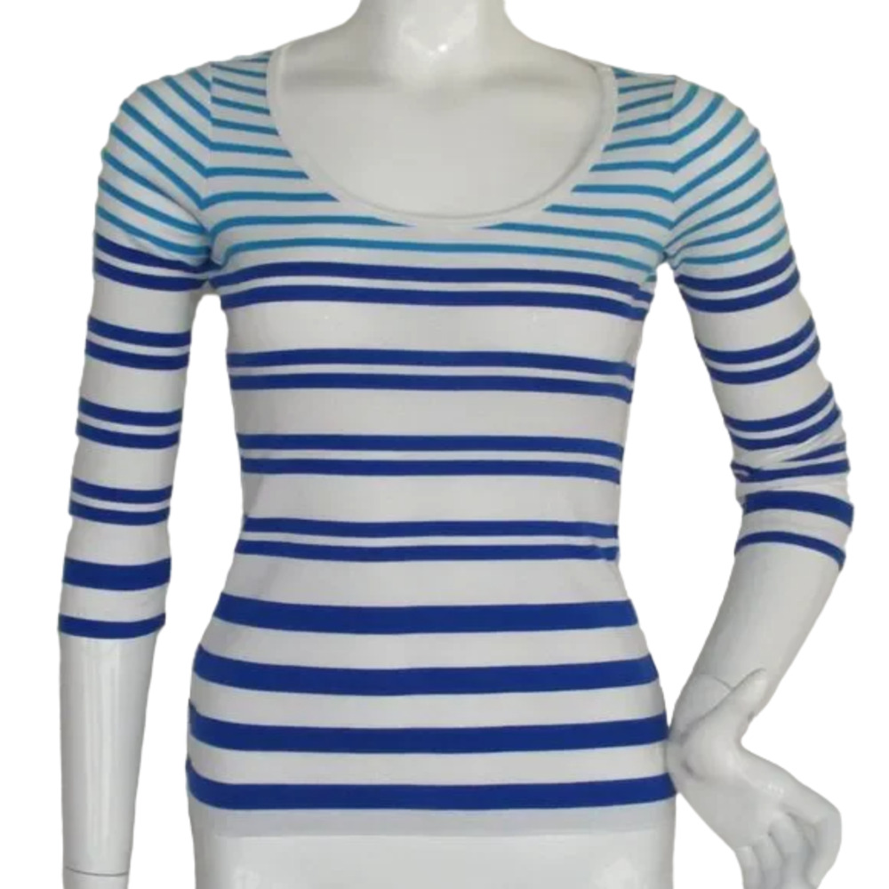 TOMMY BAHAMA Top/Tee, XXS, Striped, 3/4 sleeves, Tonal Blue/White, Cotton